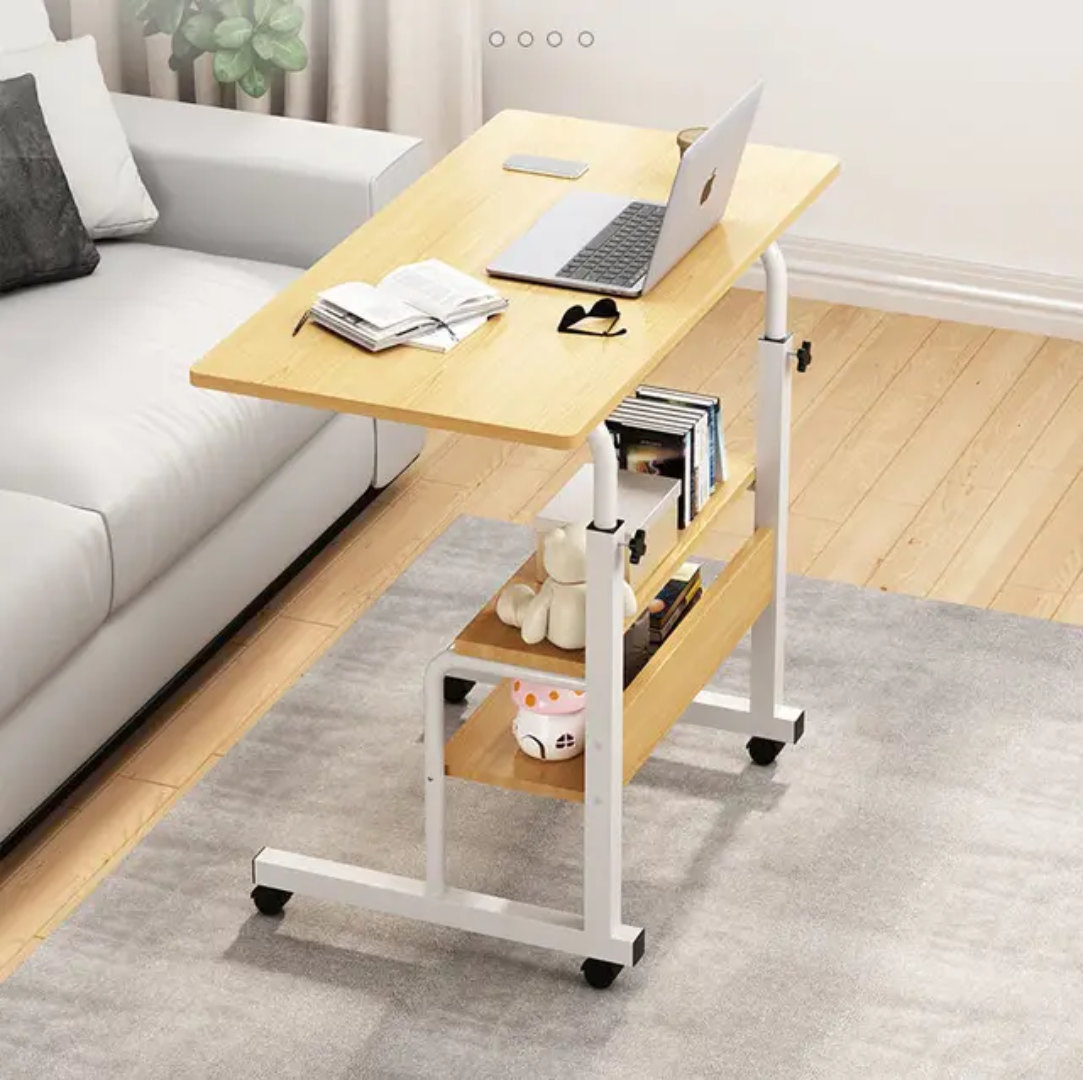 Adjustable Mobile Laptop Desk with Storage Shelves – Wood Finish & White Frame