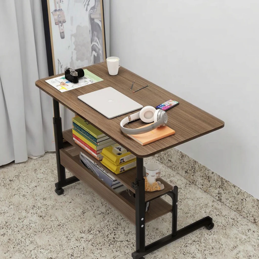 Adjustable Mobile Laptop Desk with Double Storage Shelves – Dark Wood & Black Frame